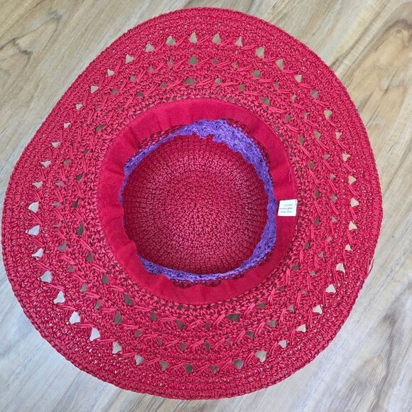 💜Vintage Red & Purple Wide Brim Straw Sun Hat - Picture 6 of 7